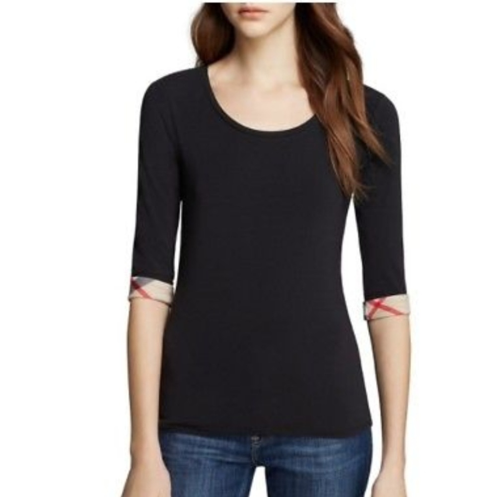 Burberry 3/4 Sleeve Black Top w/ Plaid Roll Sleeve